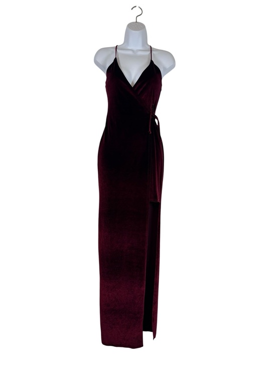 Missguided Dresses & Skirts - Missguided Burgundy Velvet Faux Wrap Maxi Dress High Slit Spaghetti Strap US 4